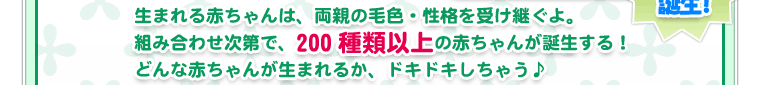 生まれる赤ちゃんは、両親の毛色・性格を受け継ぐよ。組み合わせ次第で、200種類以上の赤ちゃんが誕生する！どんな赤ちゃんが生まれるか、ドキドキしちゃう♪