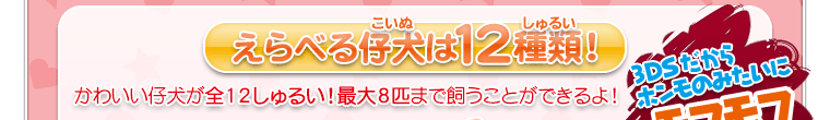 えらべる仔犬は12しゅるい！　かわいい仔犬が全１２種類！最大８匹まで飼うことができるよ！