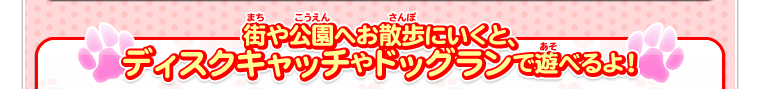 街や公園へお散歩にいくと、ディスクキャッチやドッグランで遊べるよ！
